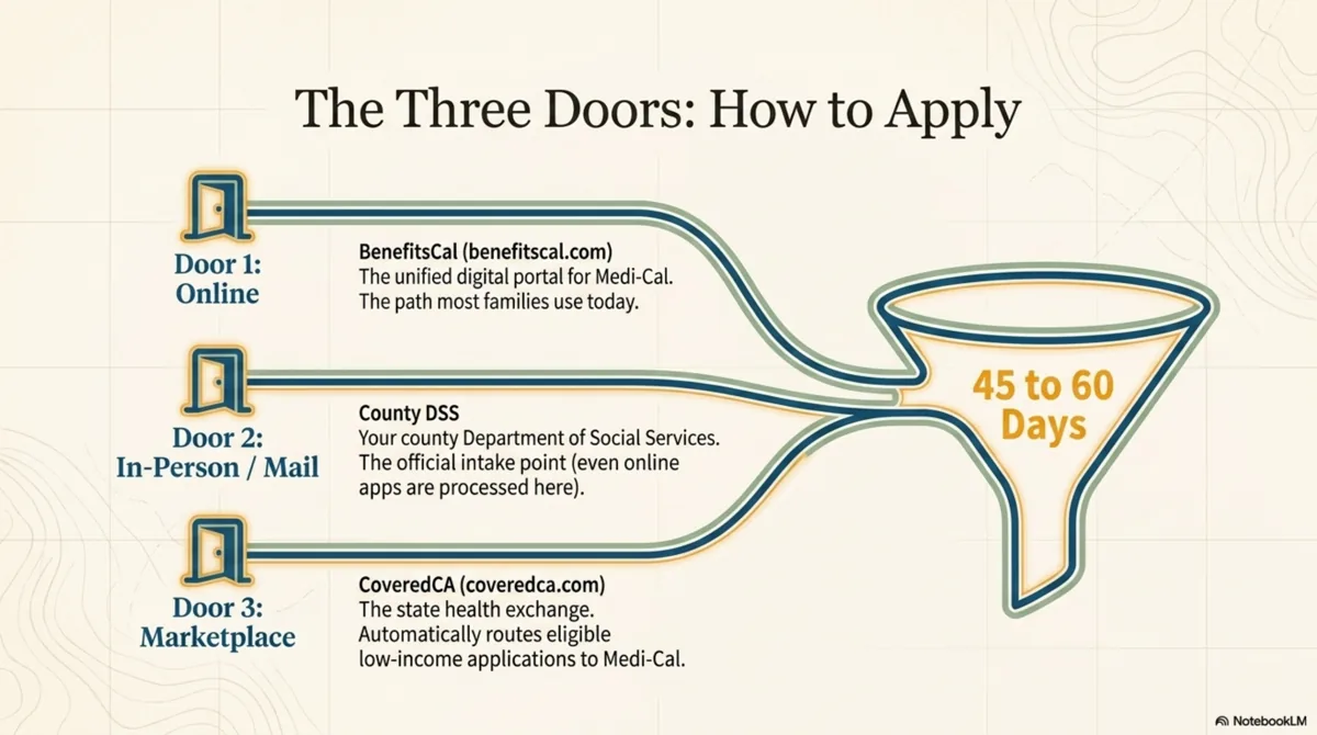 Three-path flowchart showing how to apply for Medi-Cal in California: online through BenefitsCal, in person at the county Department of Social Services, or via Covered California.