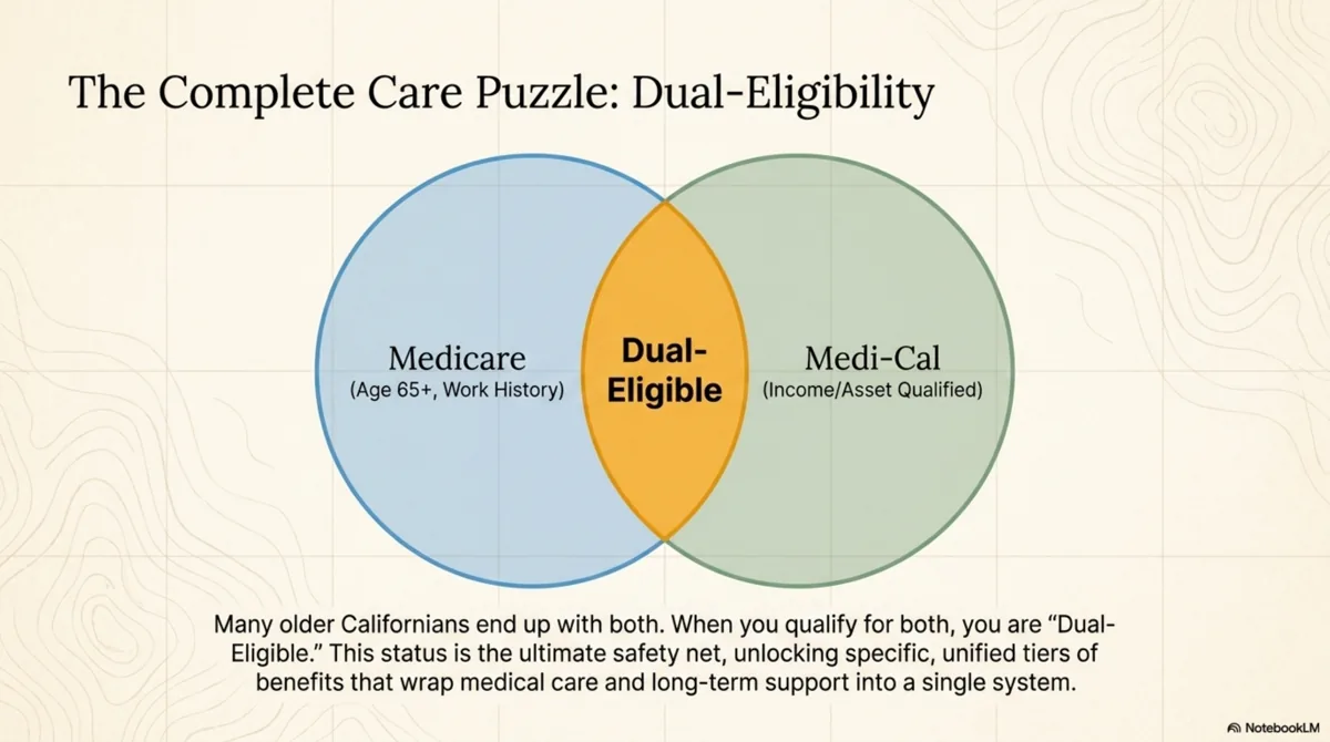Map and table illustration showing California Medi-Cal managed care plans by county, including Anthem, L.A. Care, Health Net, Kaiser, and Inland Empire Health Plan.