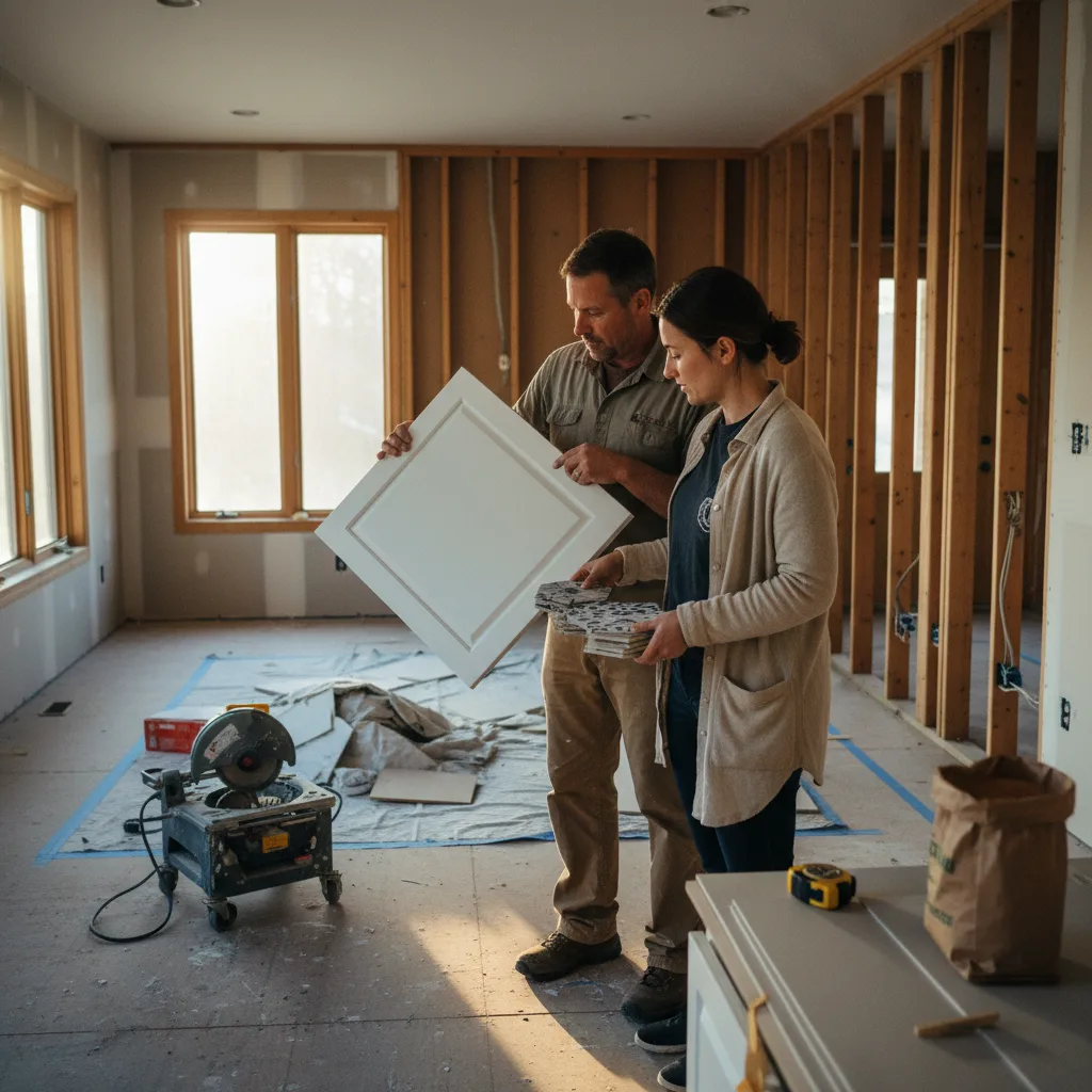 A homeowner and a contractor looking at blueprints together inside a home under construction.