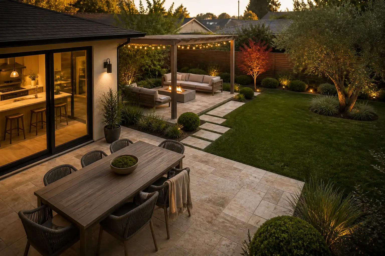 California backyard at golden hour: a dining terrace directly outside the kitchen sliding doors, a pergola lounge with a fire feature, and an open lawn, linked by stone paths