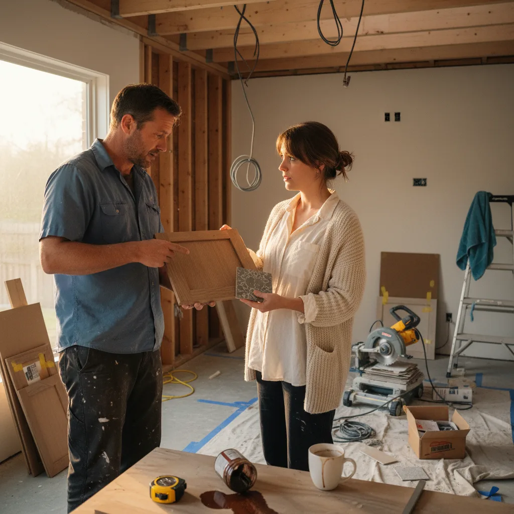 An Austin deck contractor and homeowner review composite decking samples against a house's exterior.