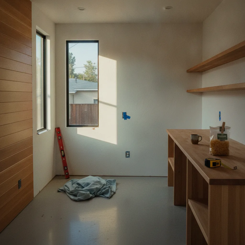 A newly completed modern ADU in a Los Angeles backyard at dusk, with warm interior lights on.