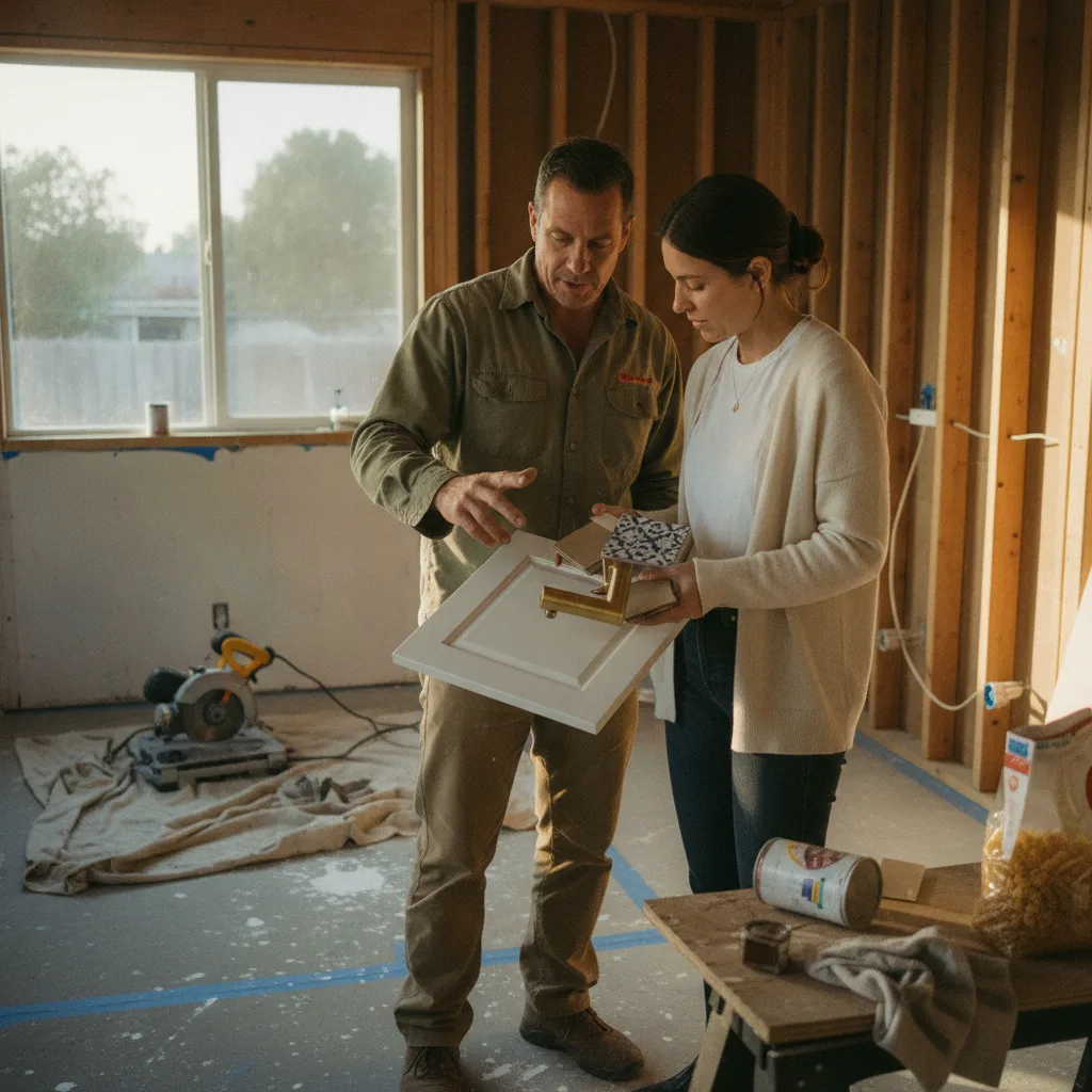 Los Angeles homeowner and contractor reviewing ADU foundation plans on-site.