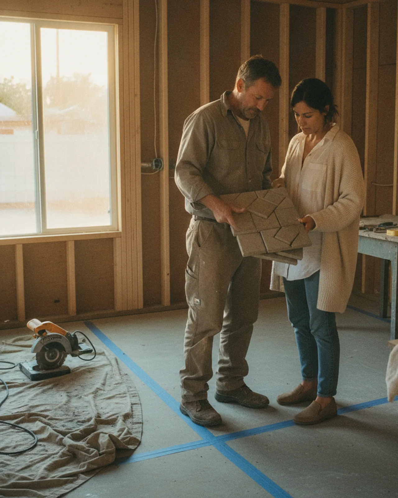 A Sacramento homeowner and her contractor reviewing ADU blueprints and material samples on an active construction site.