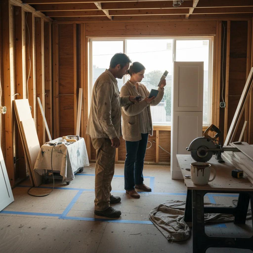 A homeowner and their contractor review ADU building plans on-site in a San Francisco backyard.