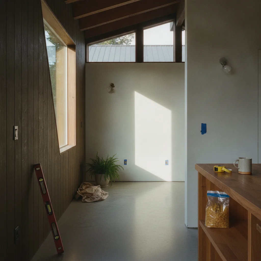 A modern, two-story detached ADU in a Seattle backyard, featuring dark gray fiber cement siding and large windows, surrounded by native plants.