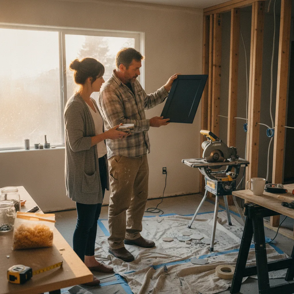 A Seattle homeowner and their contractor review James Hardie siding samples on a rainy day, making a decision for their ADU build.