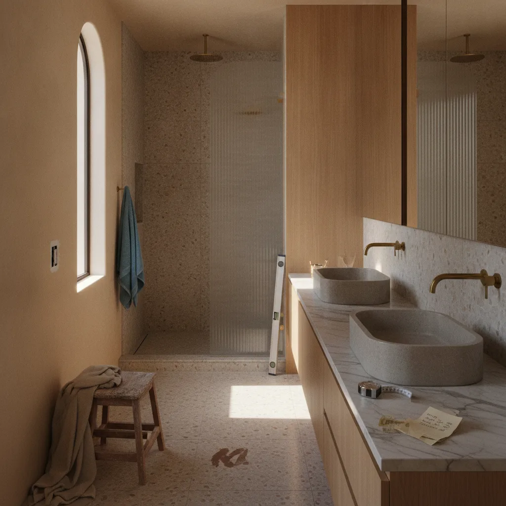 A newly remodeled modern bathroom in a Los Angeles home, featuring a walk-in shower with black-framed glass and a floating wood vanity.