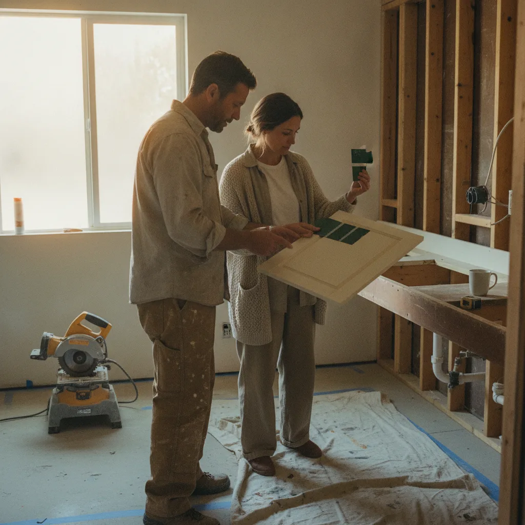 A homeowner and their contractor review tile samples in a partially demolished Los Angeles bathroom.