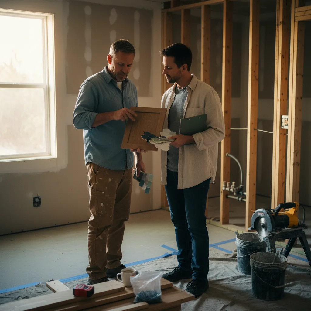 A Portland homeowner and her contractor review tile samples in a sunlit kitchen, planning a bathroom remodel.