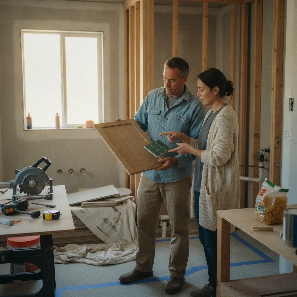 A homeowner and their contractor review tile samples and blueprints in a Sacramento bathroom mid-remodel.