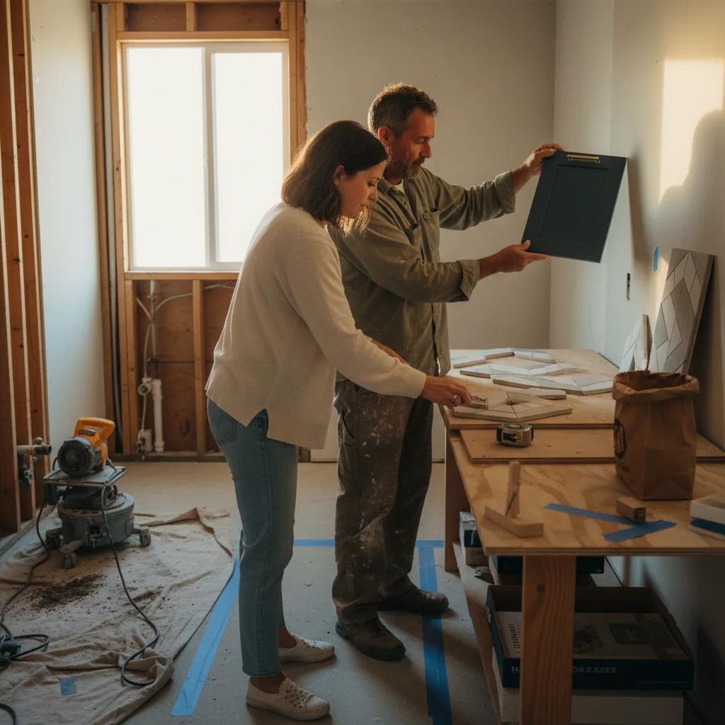 A San Diego homeowner and their contractor review tile samples and plumbing fixtures in a partially demolished bathroom.