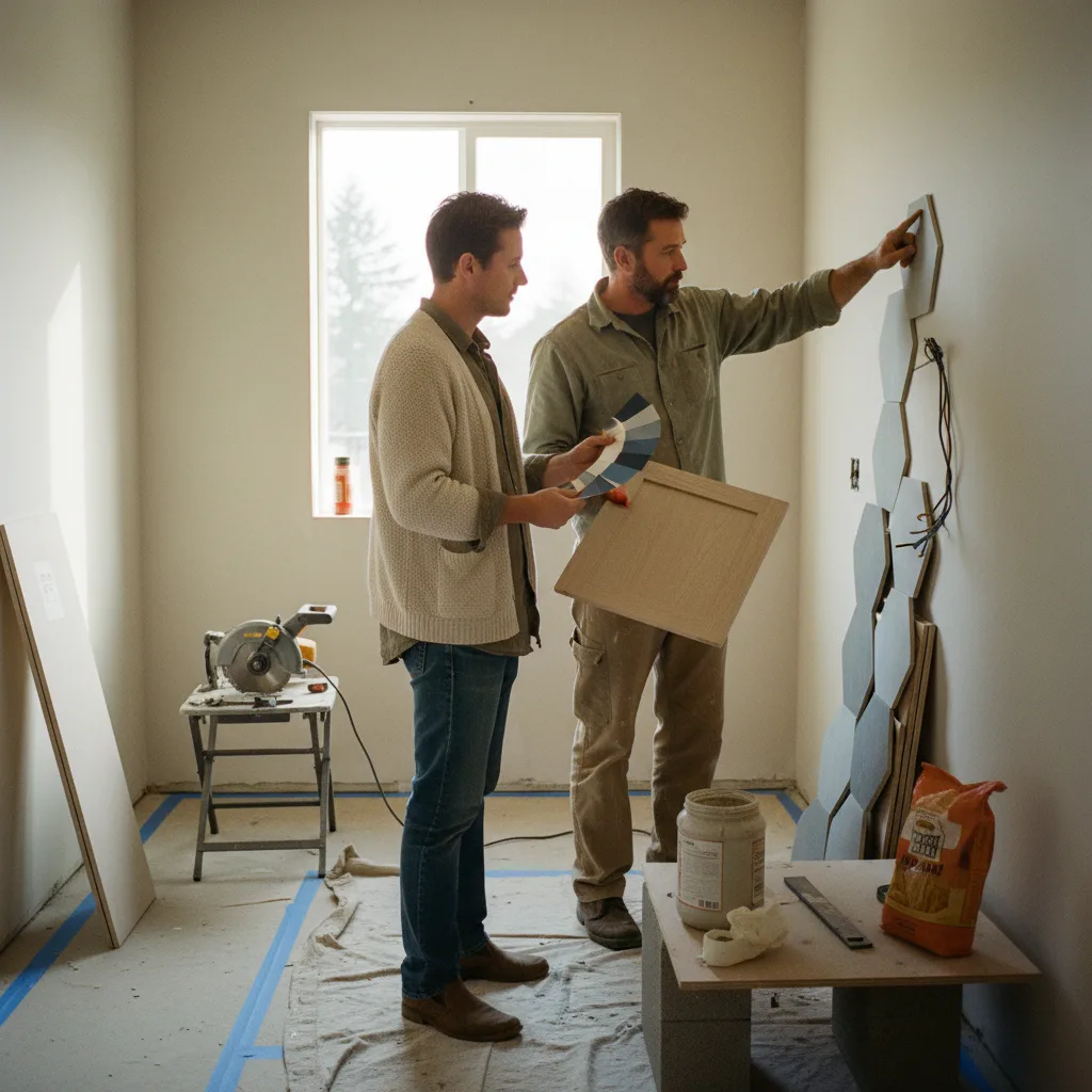 A homeowner and her interior designer review samples of rift-cut white oak and honed quartzite under a warm vanity light in a partially-finished bathroom.