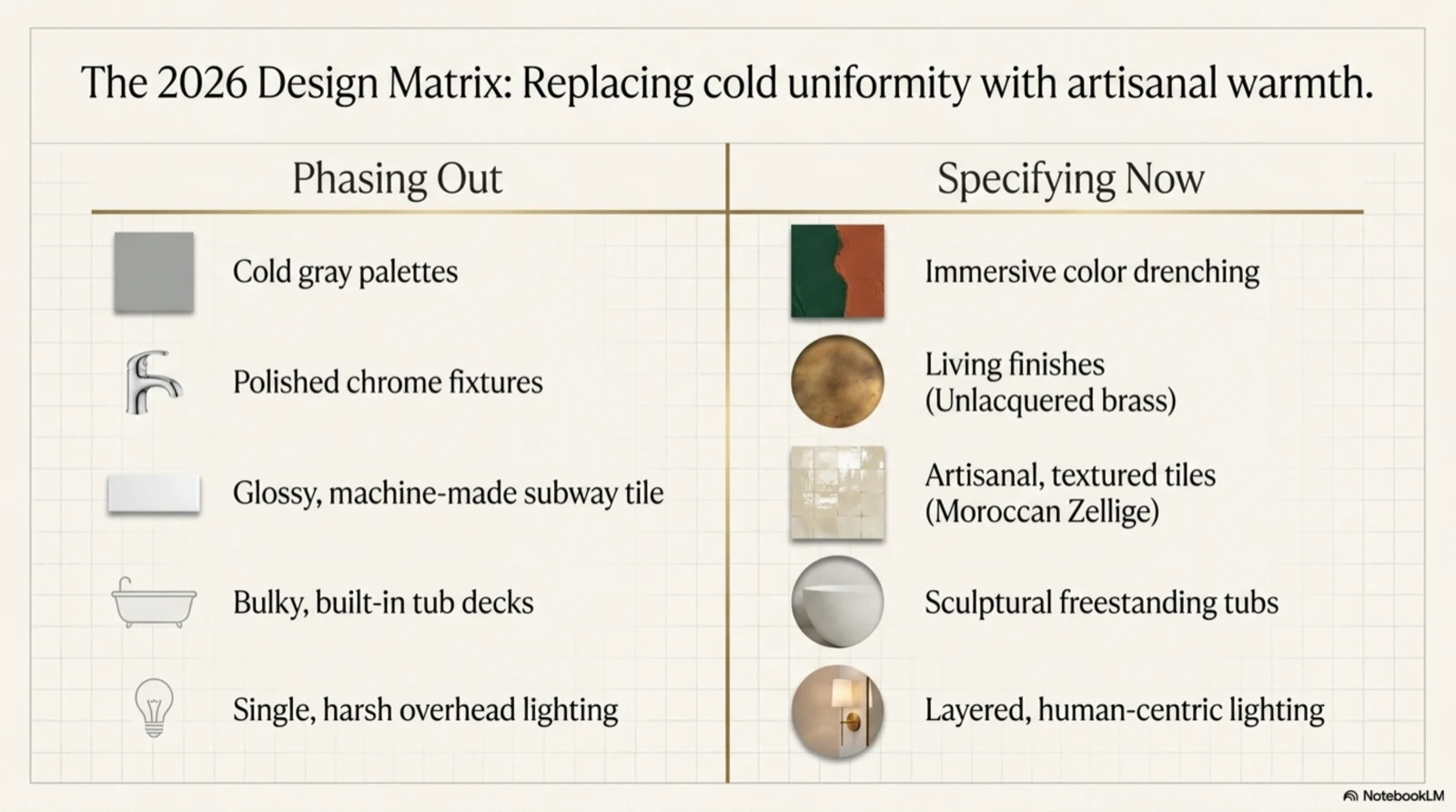The 2026 design matrix: phasing out cold gray palettes, polished chrome, glossy machine-made subway tile, bulky tub decks, and harsh overhead lighting; specifying immersive color drenching, unlacquered brass, artisanal Moroccan zellige tiles, sculptural freestanding tubs, and layered human-centric lighting
