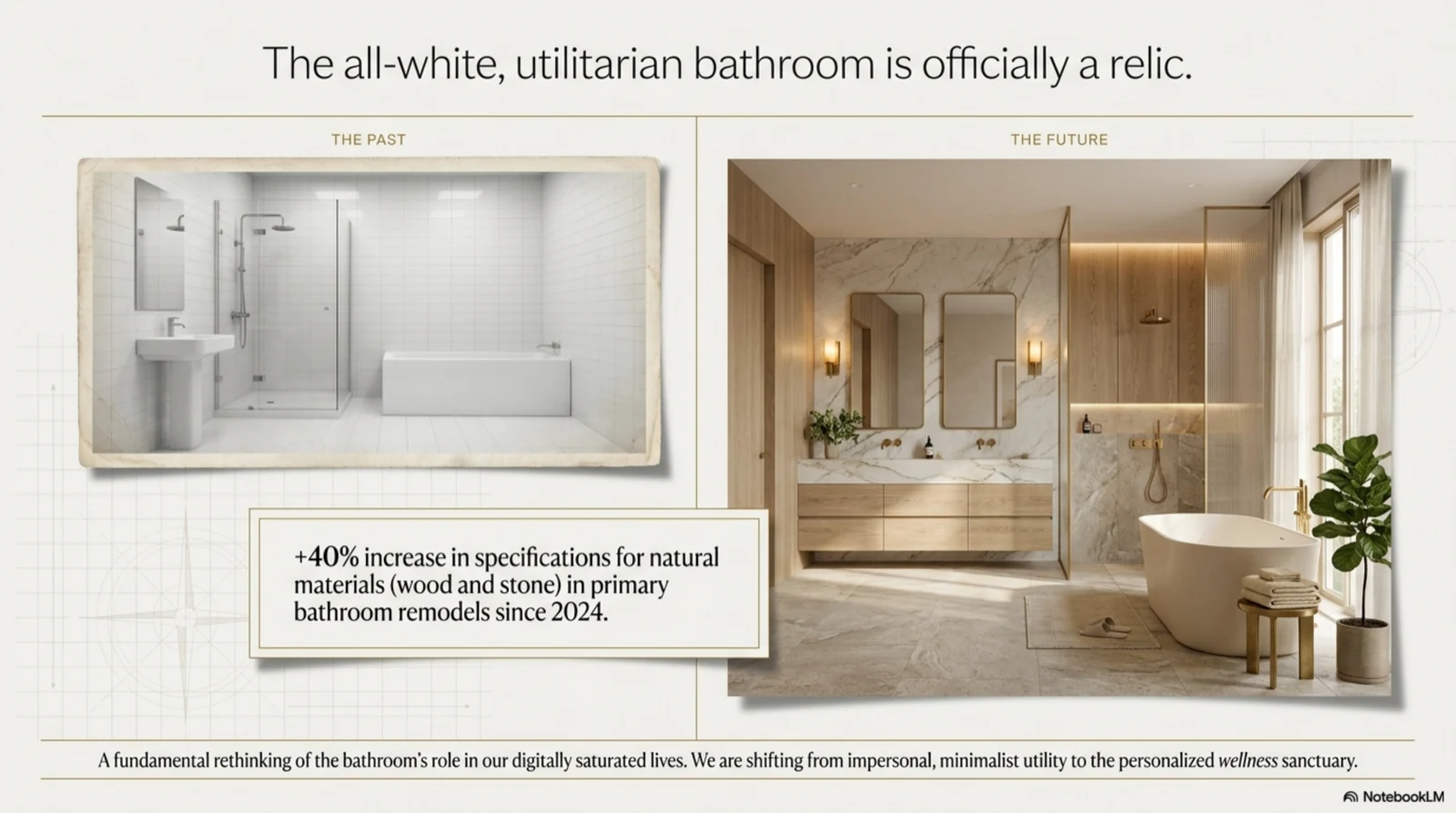 The 2026 Pacific Northwest bathroom: replacing all-white utilitarian design with warm natural materials, a 40 percent increase in spec rates since 2024