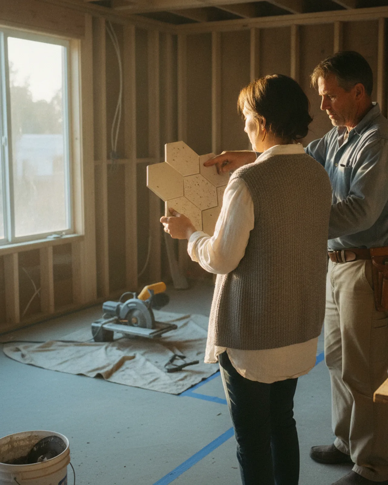 A homeowner and their contractor review ADU building plans on a tablet inside a partially constructed unit in Sacramento.