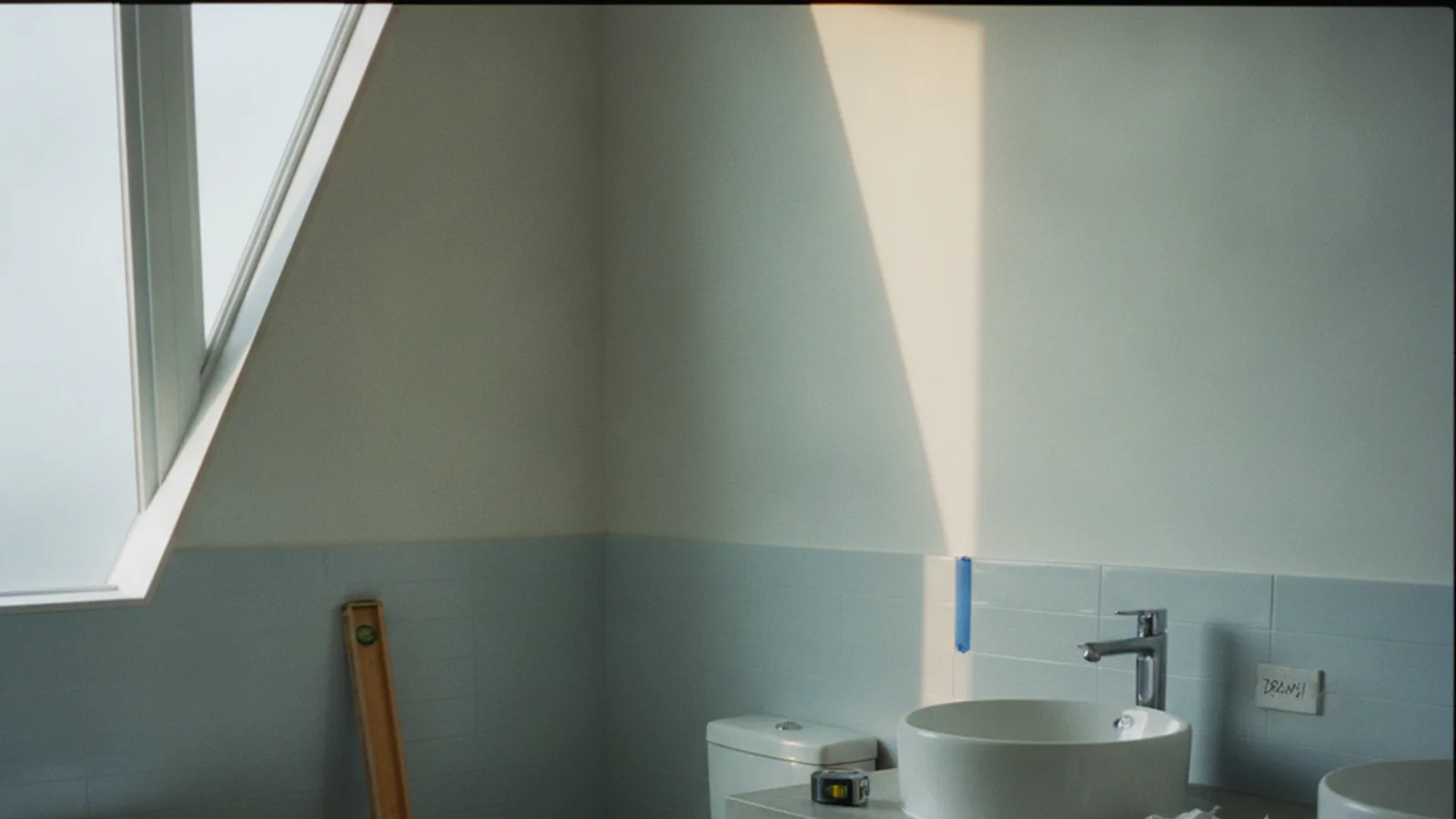 A half-demolished bathroom with exposed plumbing, old tile rubble on the floor, and a dusty toilet still in place, showing a remodel in progress.