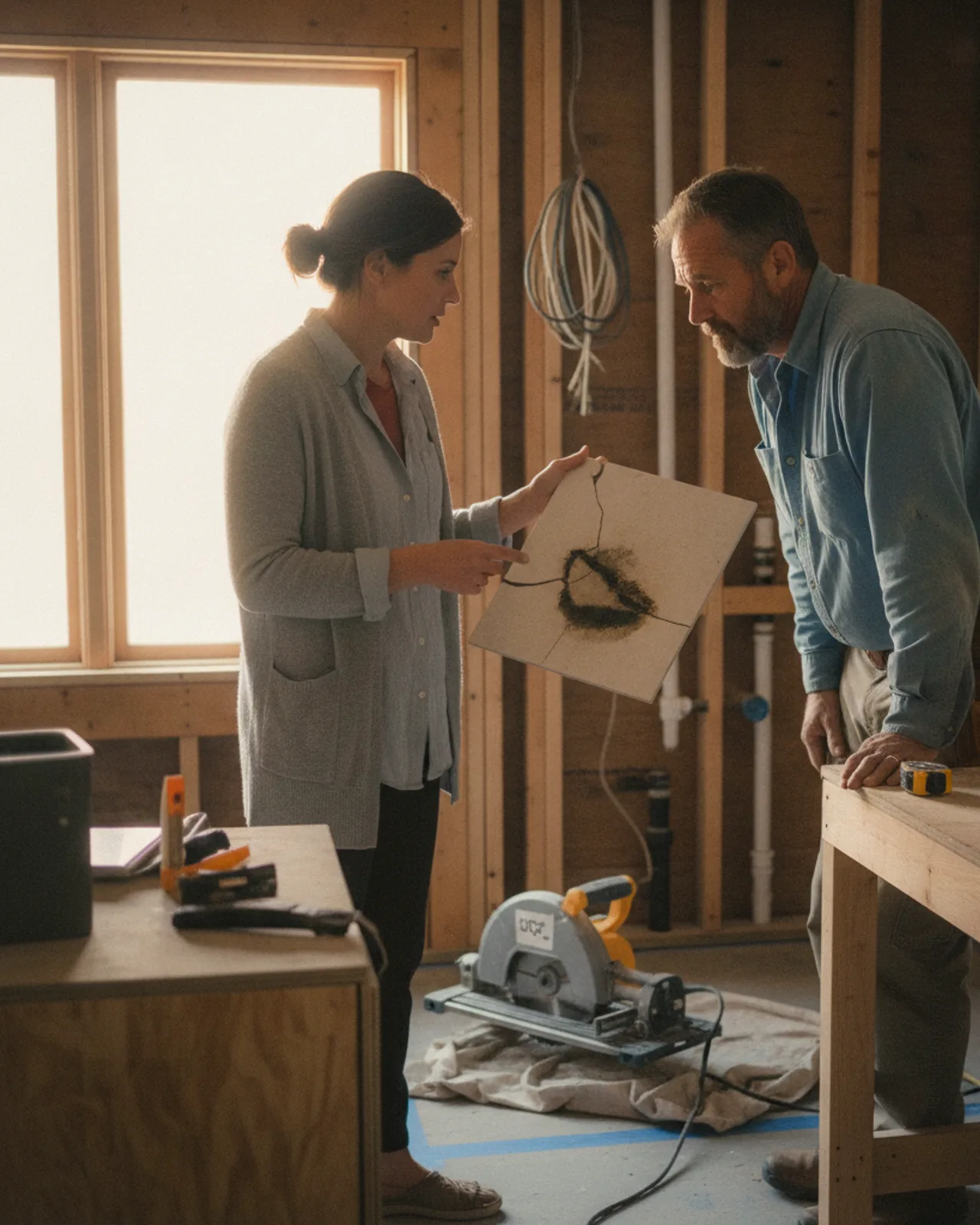 A homeowner and contractor review tile samples in a partially renovated bathroom, discussing options against an exposed wall.