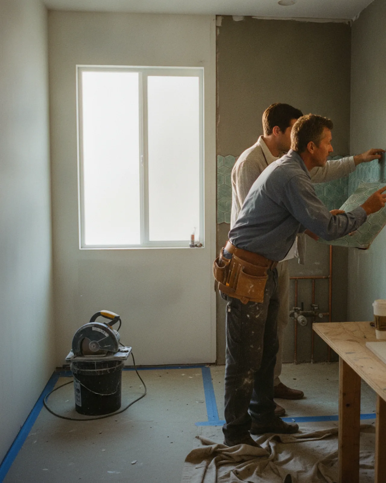 A San Diego homeowner and their contractor review tile samples and blueprints for a bathroom remodel.