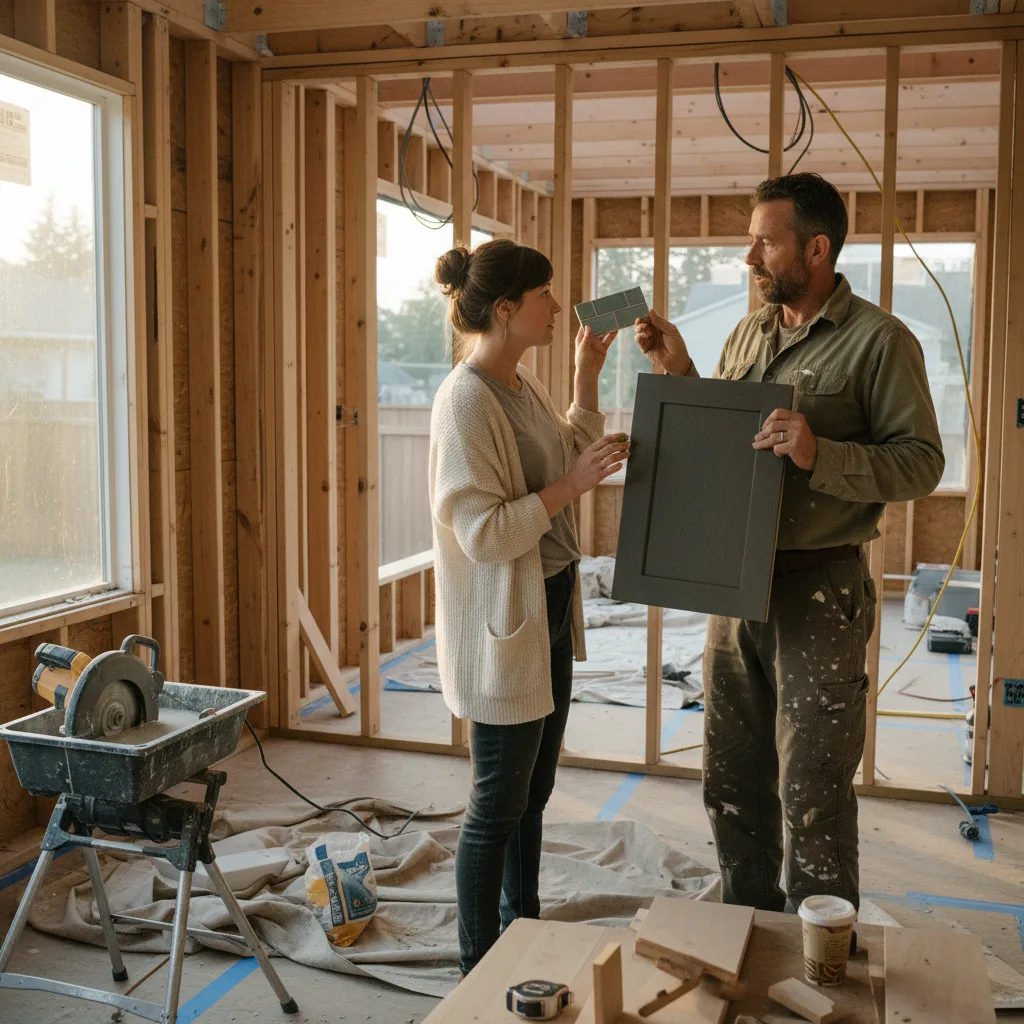 A Portland homeowner and their contractor review composite decking samples on a partially built deck frame.