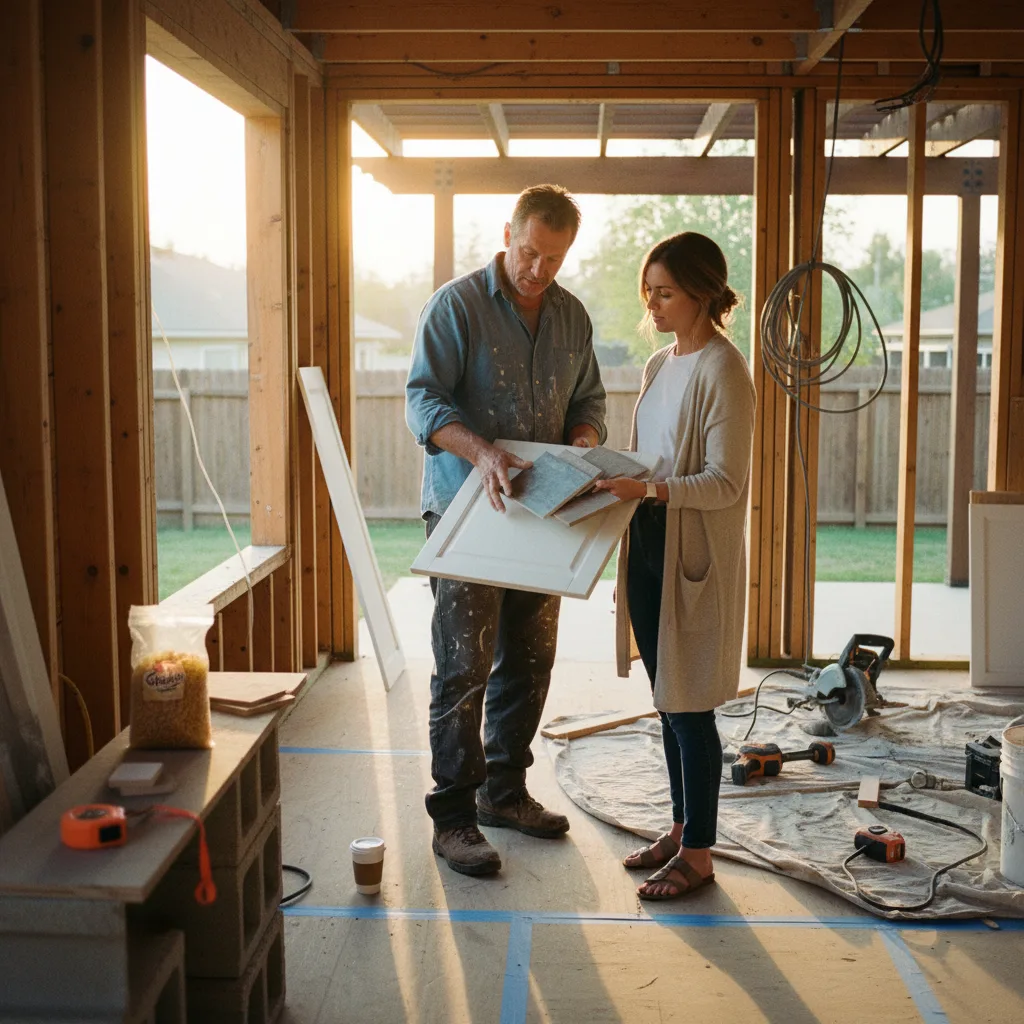 A Sacramento homeowner and their contractor review composite decking samples in direct sunlight.