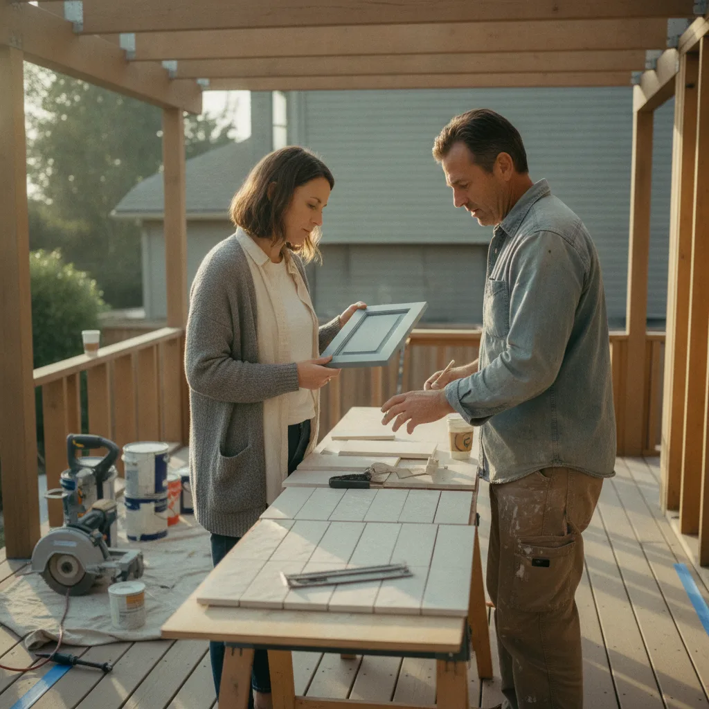 A Seattle homeowner and her contractor review composite decking samples on an unfinished deck frame, with the gray, overcast sky typical of the Pacific Northwest visible.