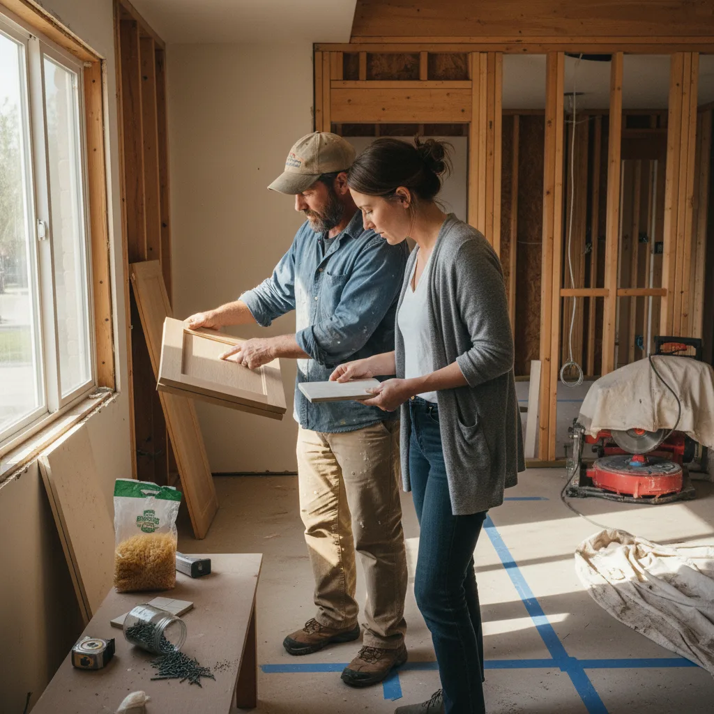 A Denver homeowner and their contractor review concrete paver samples for a new driveway project in Washington Park.