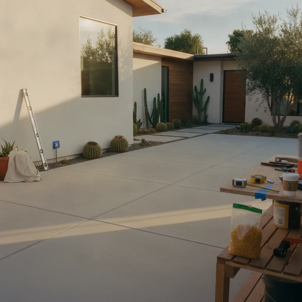 A newly finished concrete driveway in a sunny Los Angeles neighborhood, showing clean lines and a professional broom finish.