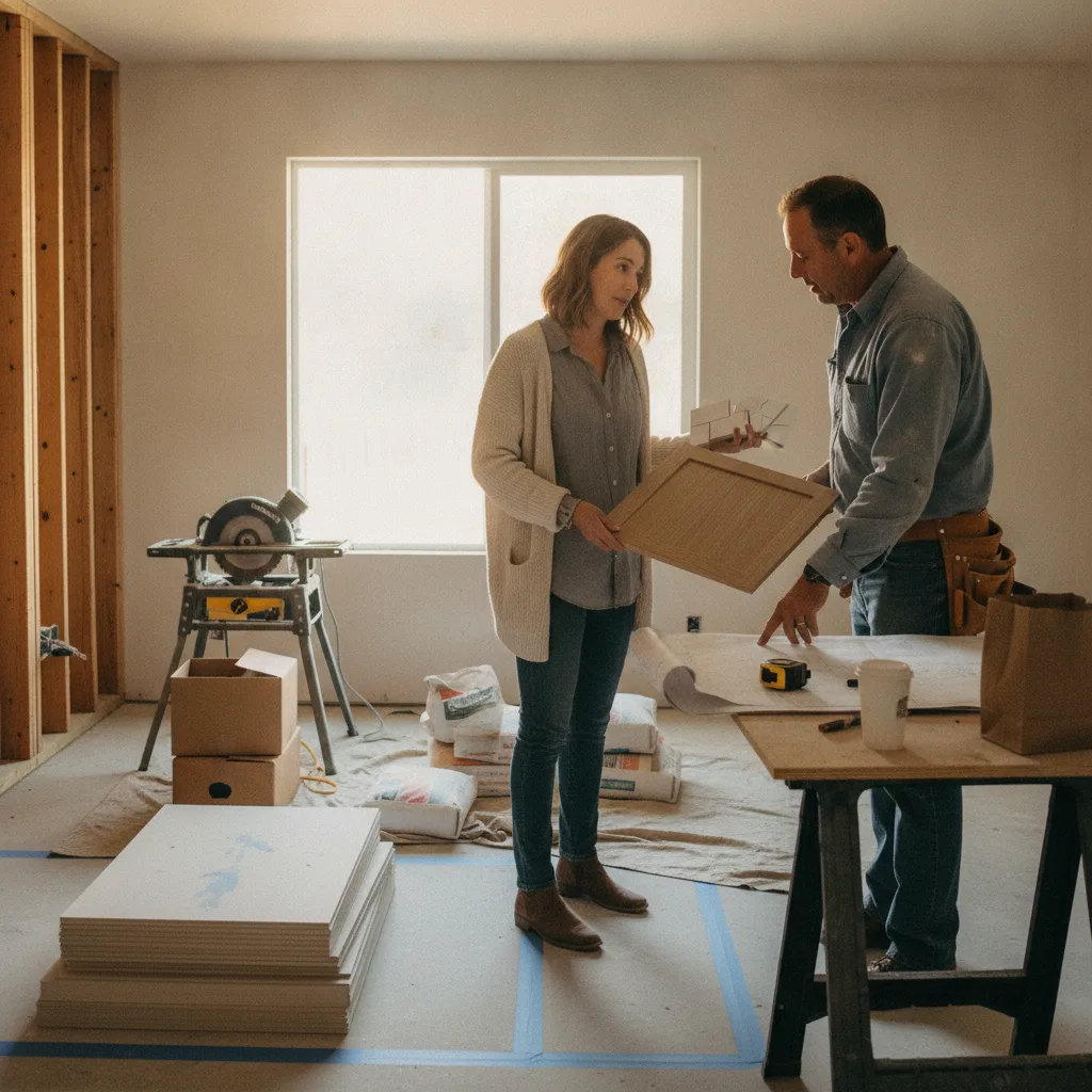 A homeowner and a driveway contractor in Los Angeles review paver samples against the backdrop of a prepared sub-base, discussing material durability.