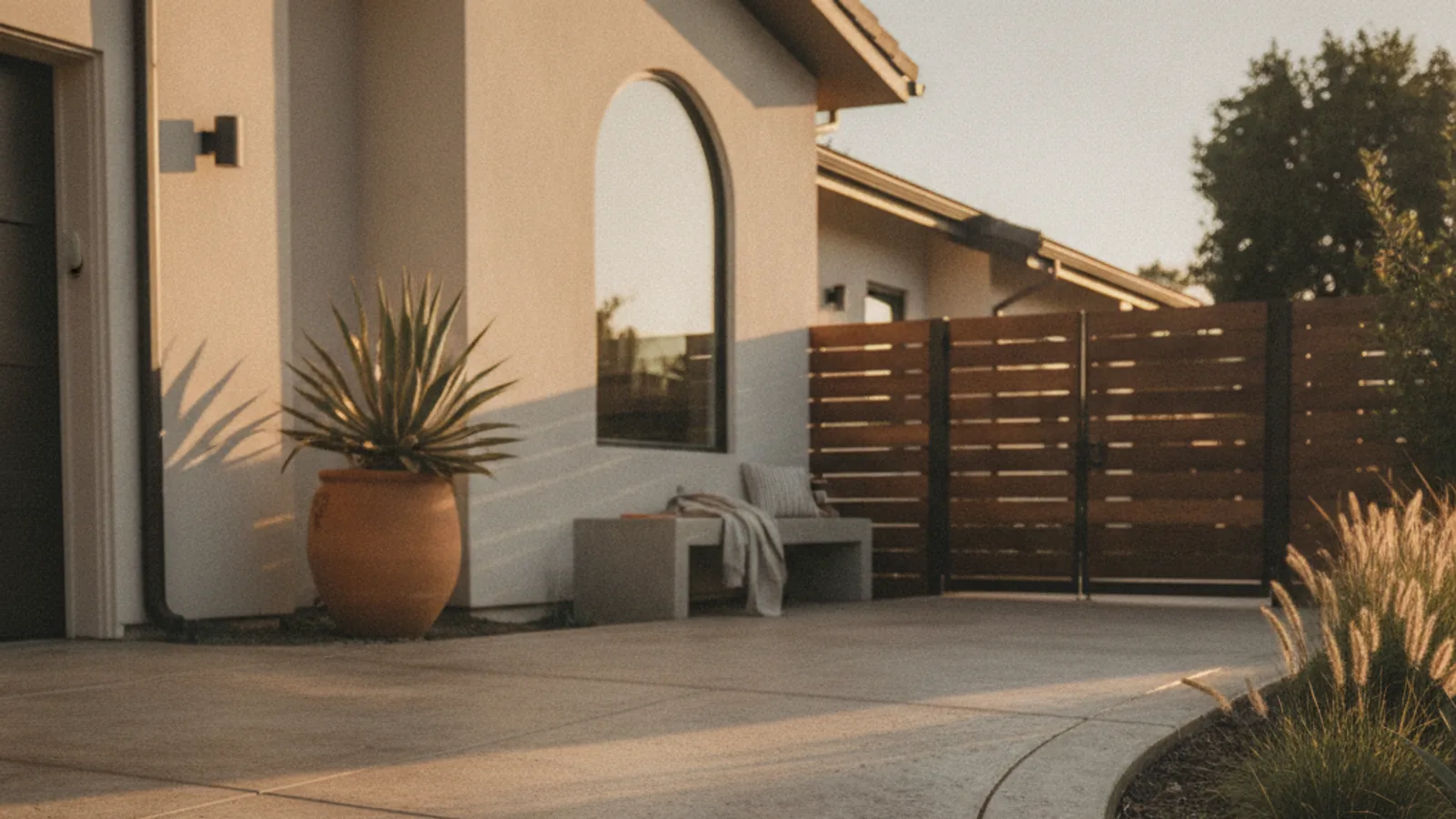 A newly installed modern paver driveway in a San Diego neighborhood, featuring clean lines and drought-tolerant landscaping.
