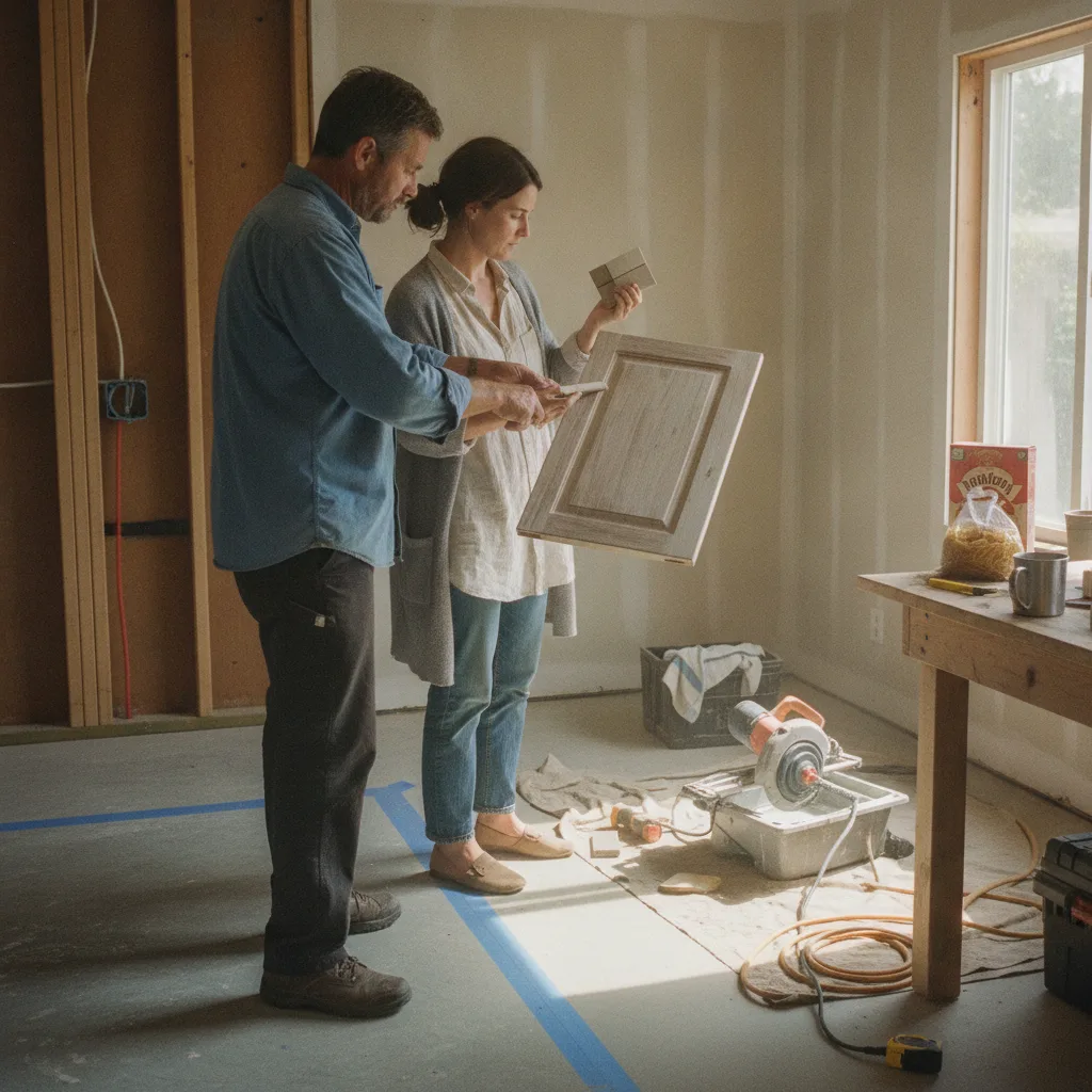 A San Diego homeowner and her driveway contractor review paver samples and drainage plans on a tablet computer.