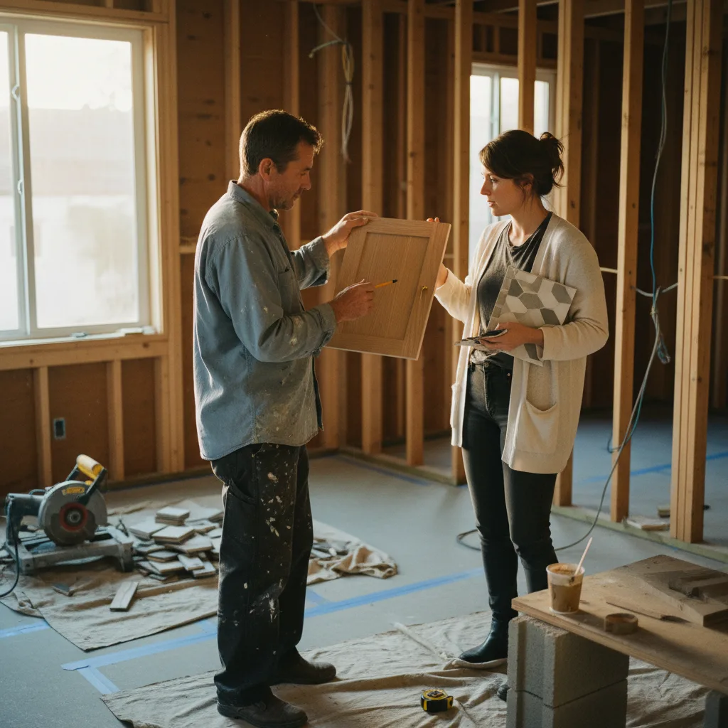 A homeowner and a contractor in San Francisco looking over paver samples for a new driveway project.