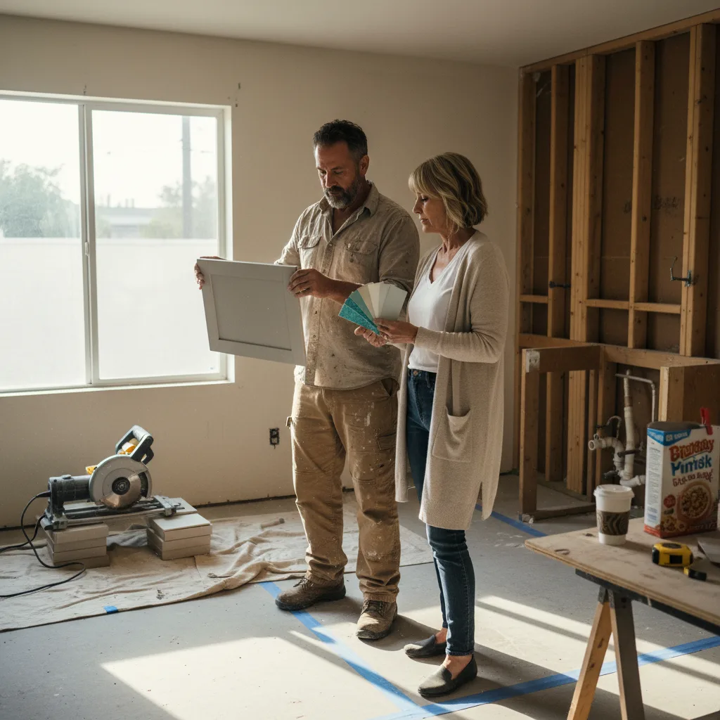 A homeowner and her contractor review countertop samples in a partially demolished Los Angeles kitchen.