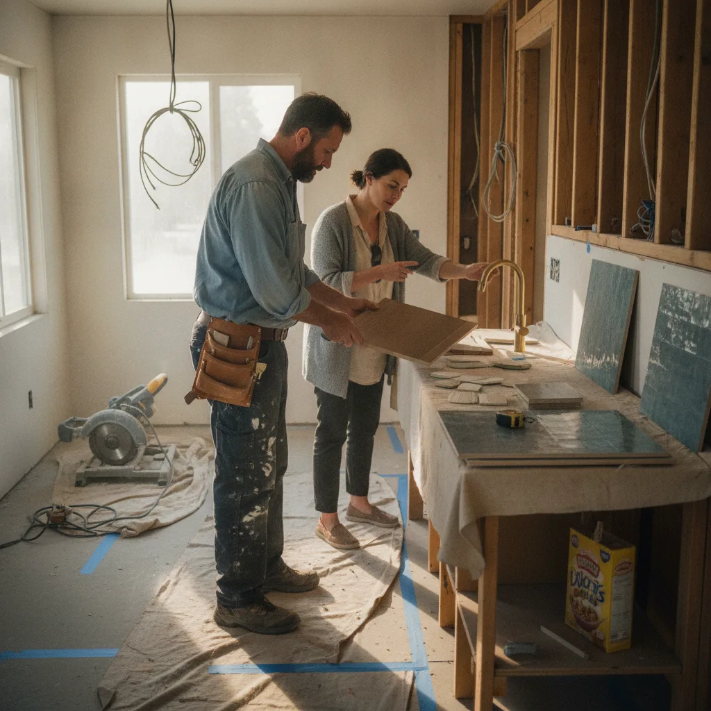 A Sacramento homeowner and her contractor review cabinet finish samples in a kitchen under renovation.