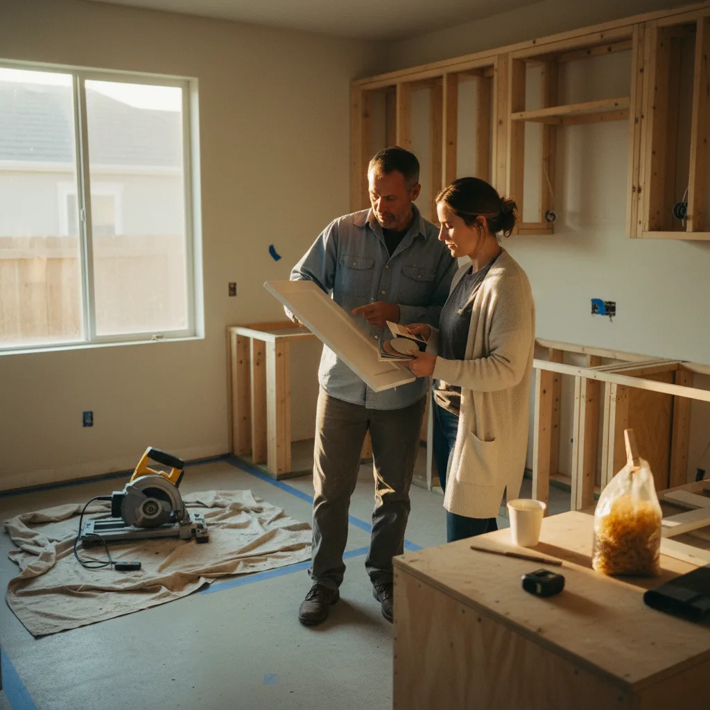 A Seattle homeowner and her kitchen contractor review countertop samples in a partially demolished kitchen space.