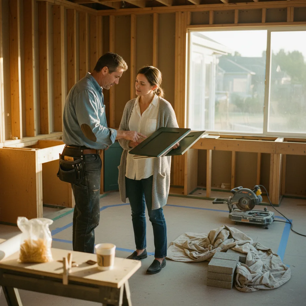 A Denver homeowner and contractor review granite countertop samples for an outdoor kitchen project.