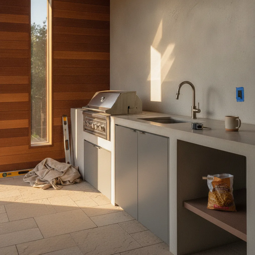 A modern and luxurious outdoor kitchen in a San Diego home at dusk, with integrated lighting illuminating the stainless steel grill and stone countertops.