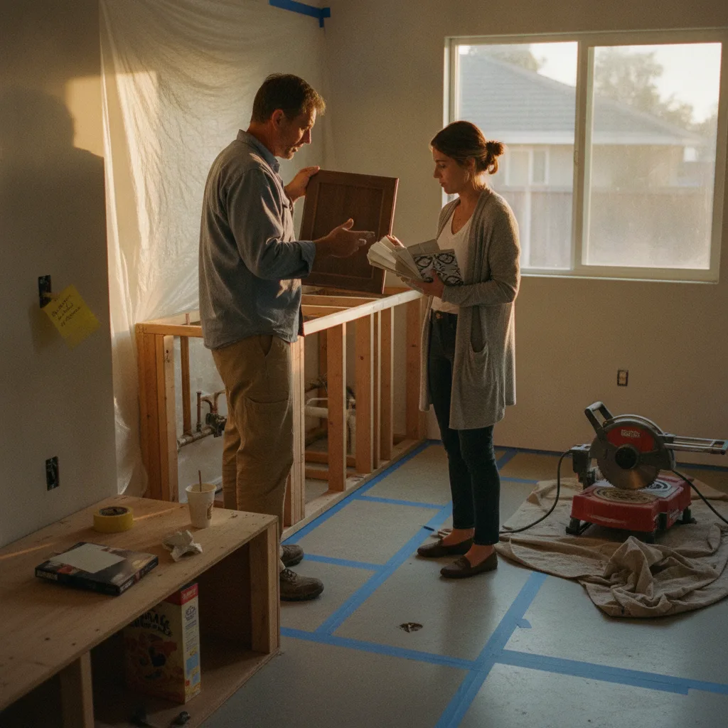 A homeowner and their contractor review countertop samples for an outdoor kitchen in a sunny San Diego backyard.
