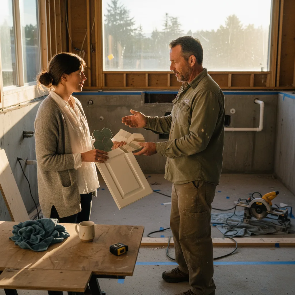 A homeowner and a pool contractor in Portland discussing finish samples next to an excavated pool site.