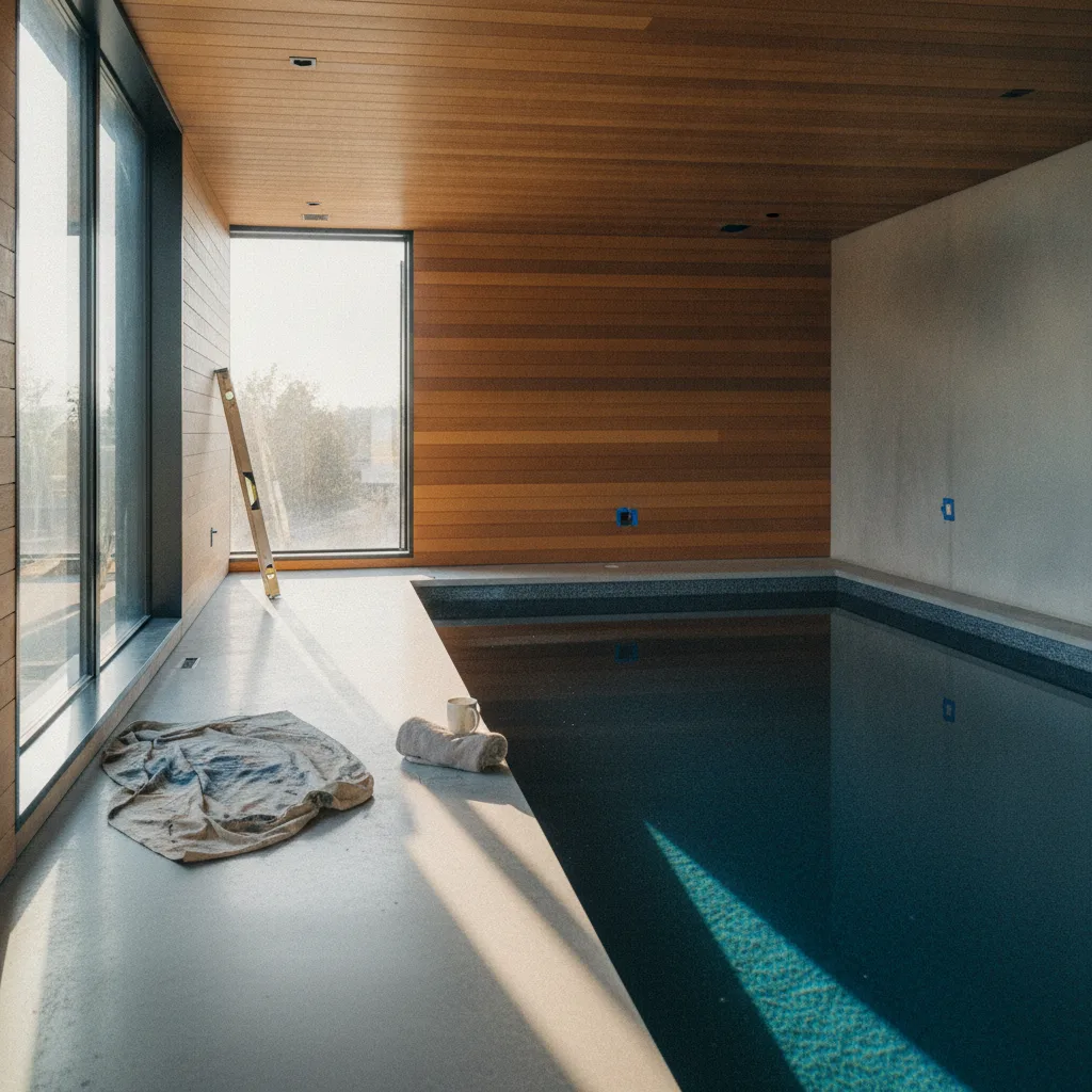 A modern, rectangular in-ground swimming pool in a lush Seattle backyard, surrounded by dark gray porcelain pavers and native Pacific Northwest plants under an overcast sky.