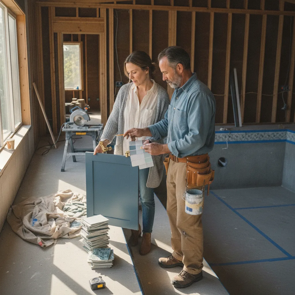 A Seattle homeowner and their pool contractor reviewing a confusing, one-page quote in a muddy backyard.