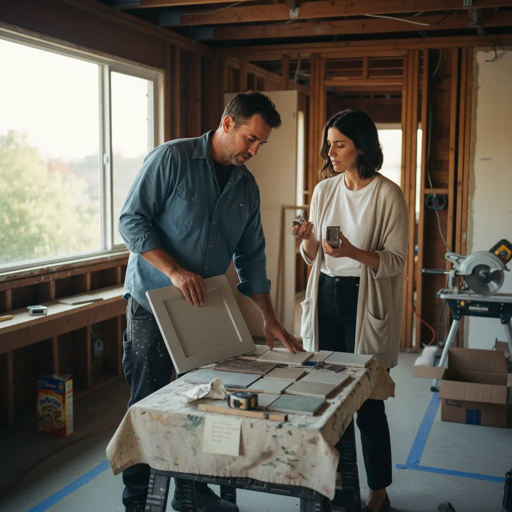 A Los Angeles homeowner and a roofing contractor review shingle samples on a sunny driveway.