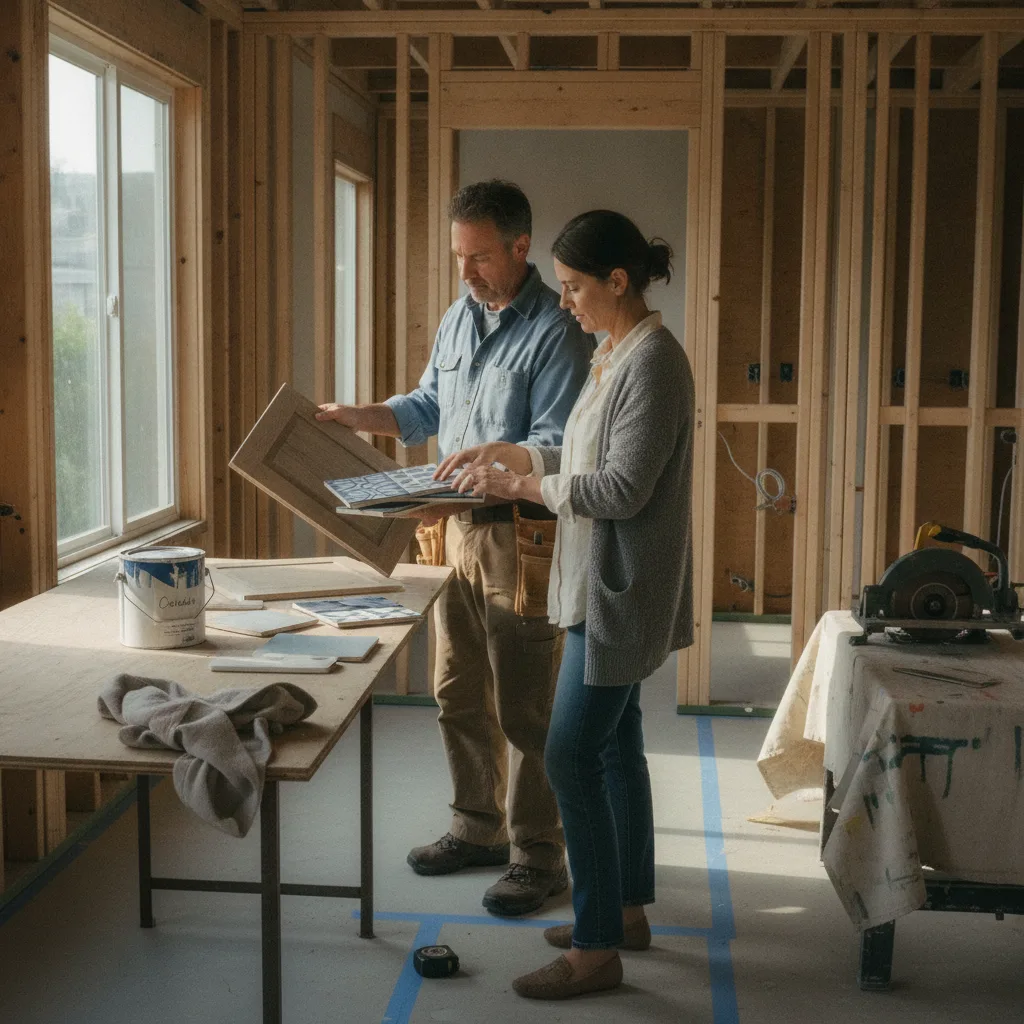 A San Francisco homeowner and their roofing contractor review shingle samples on a sunny driveway, with a Victorian home in the background.