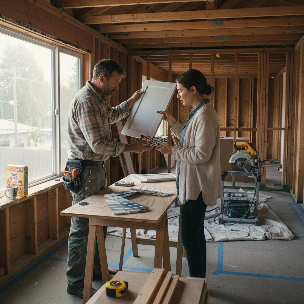 A Seattle homeowner and a roofing contractor examining different asphalt shingle samples on a porch railing on a cloudy day.