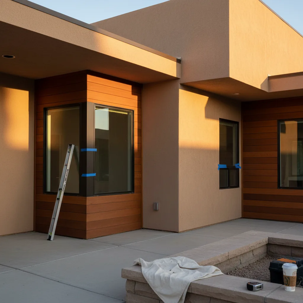 A modern home in a Las Vegas suburb with freshly installed light gray fiber cement siding, showcasing its clean lines under the bright desert sun.