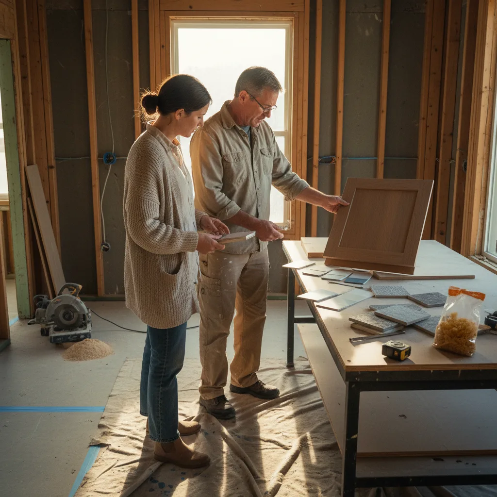 A homeowner and a siding contractor in Las Vegas examining fiber cement siding samples in the bright desert sun.