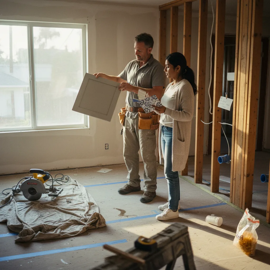 A homeowner and a siding contractor in Los Angeles review different fiber cement siding samples against the exterior wall of a home under renovation.
