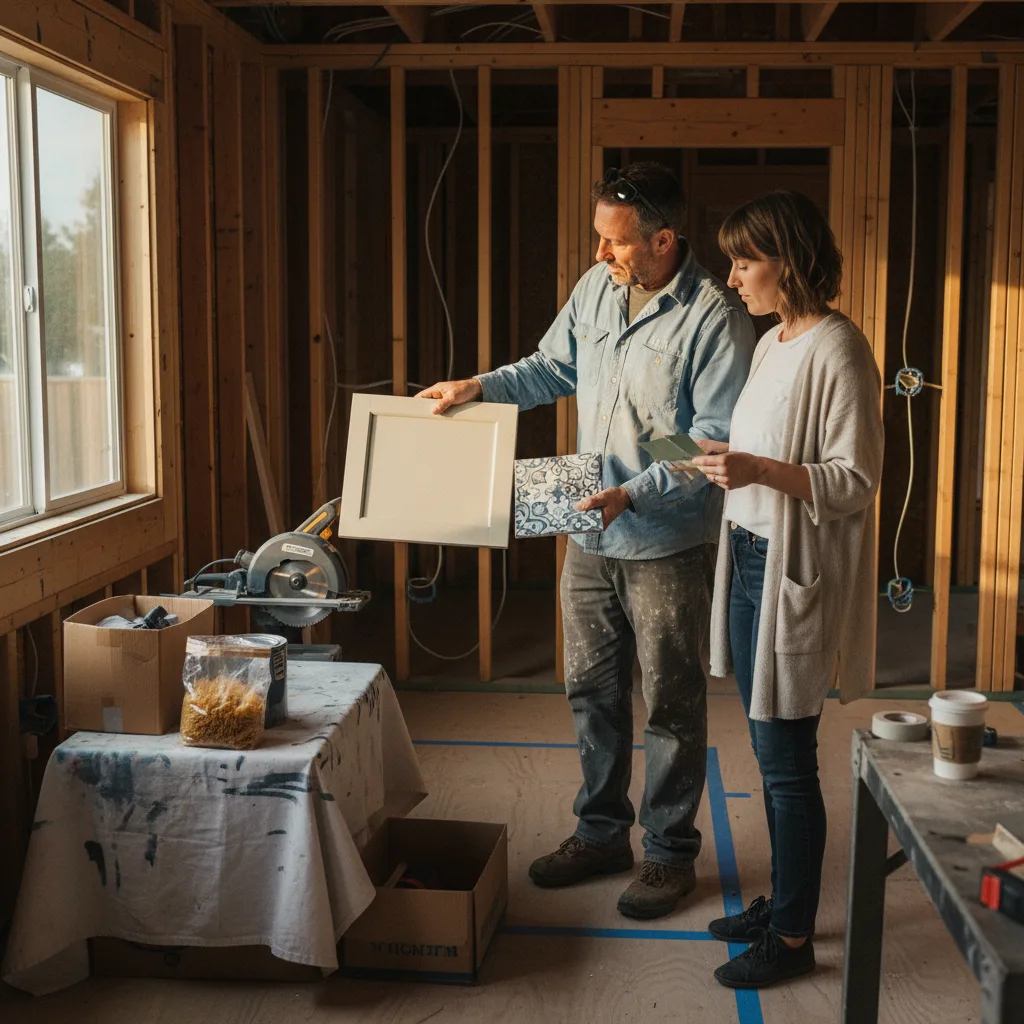 A Portland homeowner and their ADU contractor review cabinetry samples in the soft afternoon light of their nearly completed project.