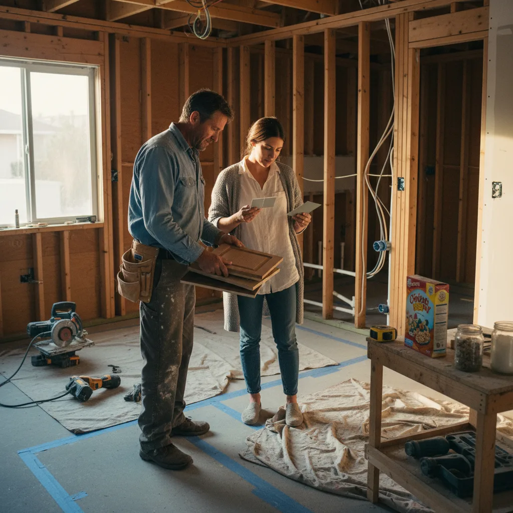 A San Diego homeowner and her ADU contractor review siding samples in the warm afternoon light.