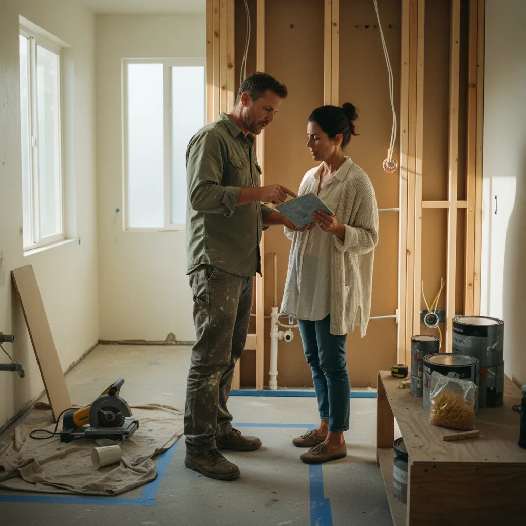A homeowner and their bathroom contractor in a sunlit Los Angeles home, reviewing rift-cut white oak vanity samples against a marble slab.